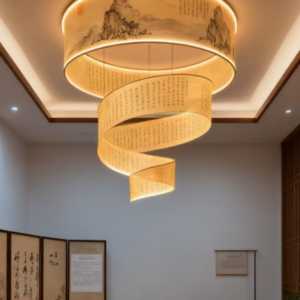 Custom soft light ribbon chandelier with a printed spiral design and warm light