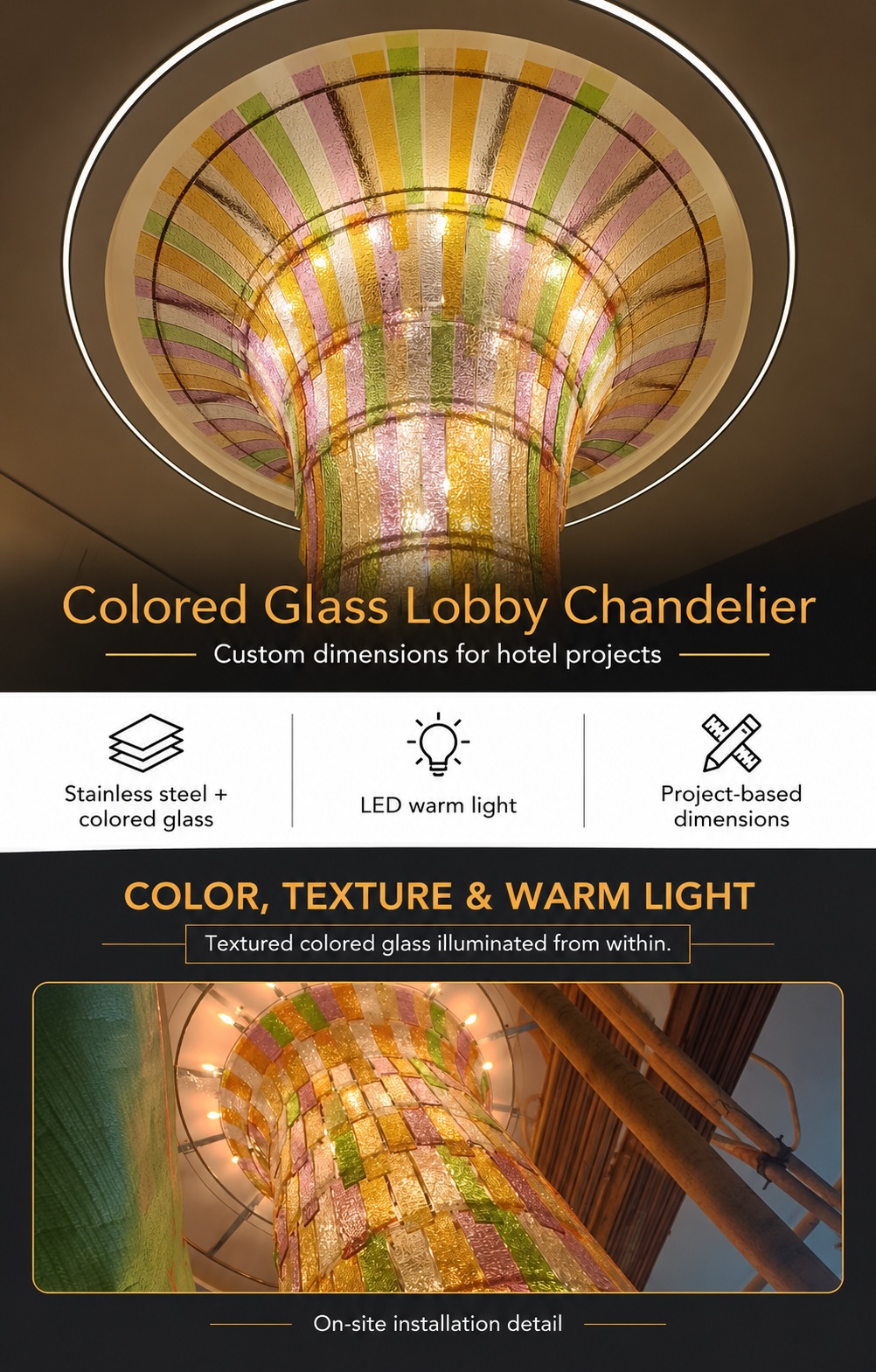 Colored glass lobby chandelier introduction with warm LED light