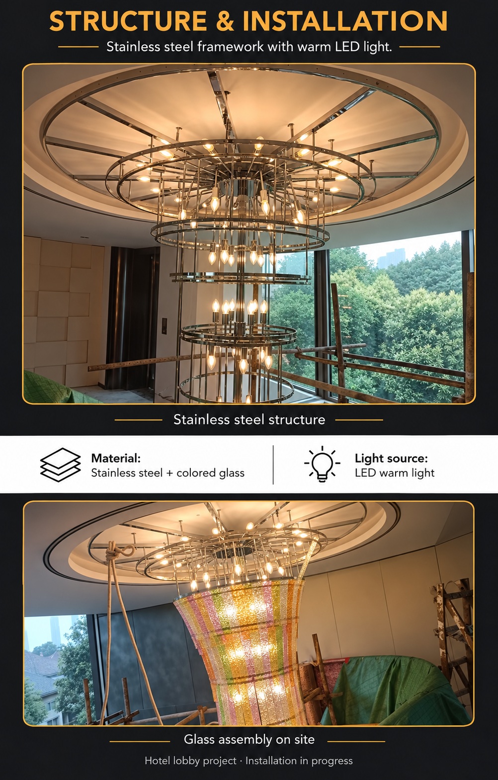 Stainless steel framework and glass assembly during installation